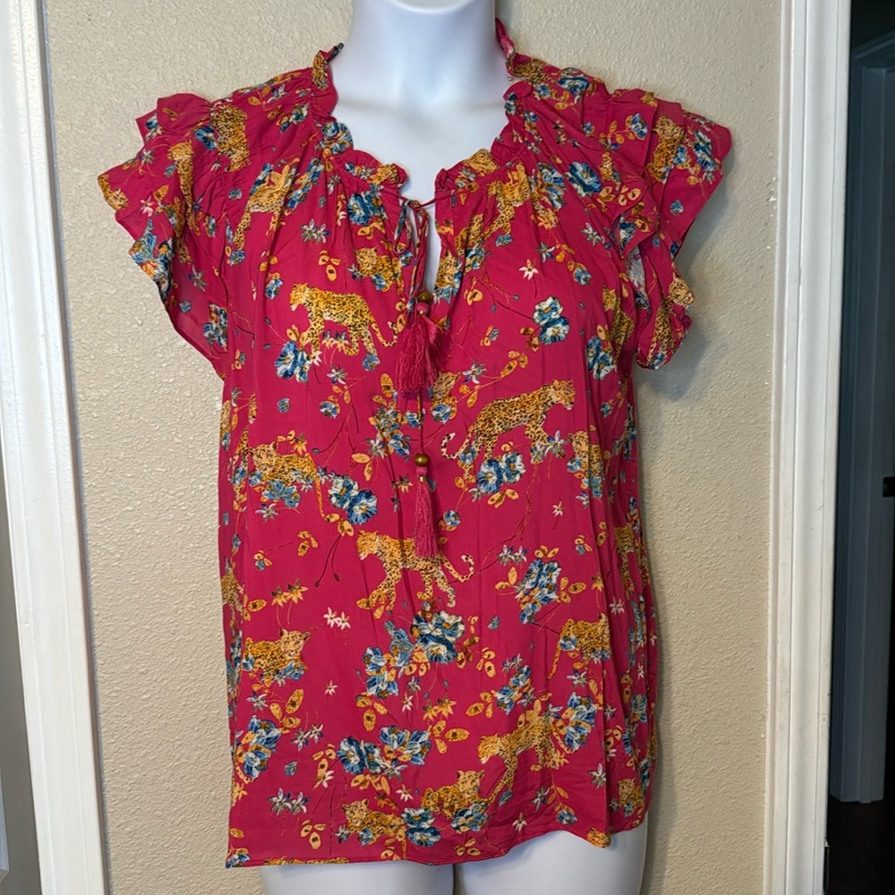 Ruffle Sleeve Cheetah Blouse - Rose + Olive M